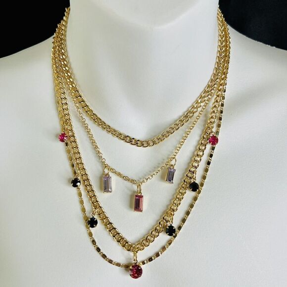 Multi Strand Layered Chains Crystal Gold Necklace Green Pink Purple Red 1365 - Picture 1 of 7